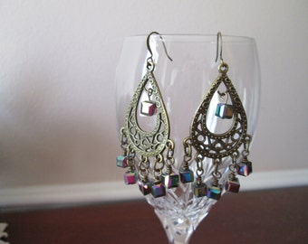 Handmade Antique Gold  Multi Color Chadelier Earrings, Boho Bohemian, sparkling dangling earrings, gift idea, bling jewelry, fashion earring