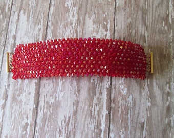 Handmade Red Bead woven bracelet, sparkling cuff, gift idea, unique bling, made in usa, chunky statement jewelry, vintage look, elegant cuff