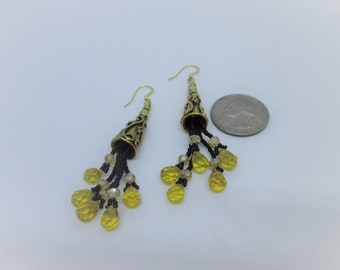 Handmade Beaded Black Gold Tassel Dangling Earrings, boho chic, New Orleans Saints, gift for her, statement jewelry, sparkling earrings