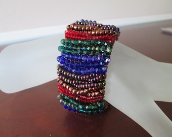 Handmade Red Blue Green Antique Gold Purple Bead Woven Chunky Bracelet, gift idea, jewel tone jewelry, sparkling Multi color bracelet, bling
