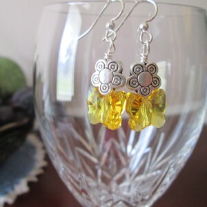 Handmade silver flower and yellow butterfly beaded earrings, Yellow and silver dangling earrings, Unique Earrings, Gift Idea, made in usa