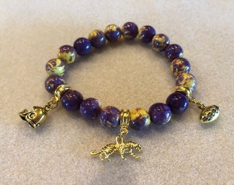 LSU Purple Gold Multiple Football Stretch Ladies Bracelet, Handmade jewelry Game Day jewelry, LSU Tigers Bling, Semi precious jade Gift Idea