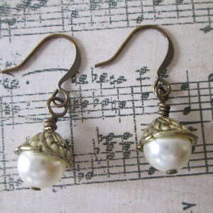 Handmade White Pearl Gold Dangle Earrings, gift idea, wedding jewelry, antique gold, small simple shiny earrings, multi color, made in USA