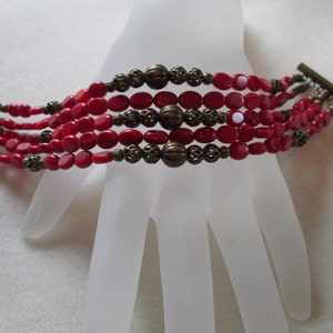 Red Bamboo Coral and antique gold 5 strand bracelet; women&#39;s jewelry; statement jewelry; gemstone jewelry; red Multi strand bracelet