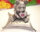 Pink birthstone pewter teddy bear collectible or cake topper, nursery decor, October, heirloom gift, genuine pewter, baby shower, Christmas.