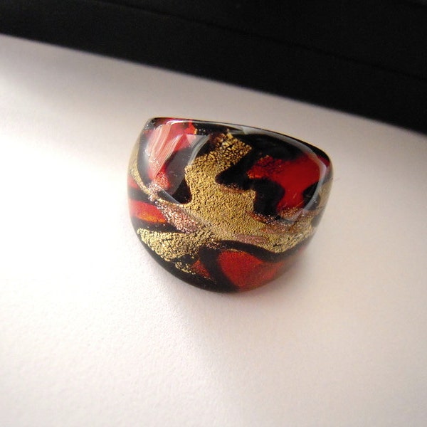 Modern ring blood red and black abstract glass ring size 9, unisex dichroic glass style, Wisconsin USA, red and black ring, fused glass ring