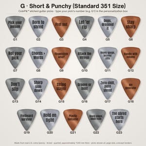 K&ouml;nnte beinhalten: Eine Sammlung von dreiundzwanzig dreieckigen Gitarrenplektren in Silber- und Kupfert&ouml;nen, beschriftet von G1 bis G23. Jedes Plektrum tr&auml;gt einen einzigartigen ge&auml;tzten Text wie Pick your poison, Born to shred, Fret not. Der Text G &middot; Short & Punchy (Standard 351 Size) steht oben.