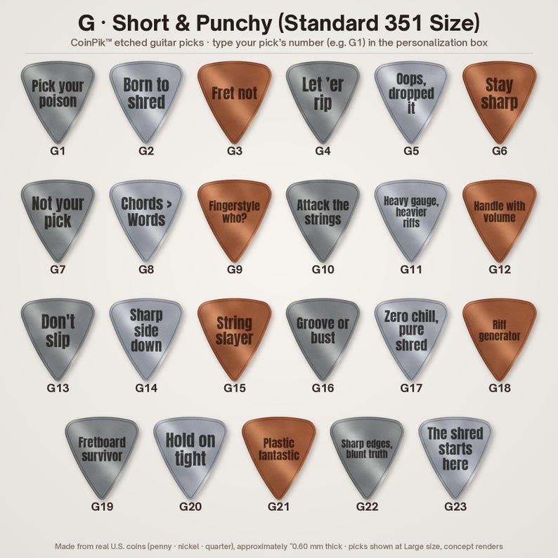 K&ouml;nnte beinhalten: Eine Sammlung von dreiundzwanzig dreieckigen Gitarrenplektren in Silber- und Kupfert&ouml;nen, beschriftet von G1 bis G23. Jedes Plektrum tr&auml;gt einen einzigartigen ge&auml;tzten Text wie Pick your poison, Born to shred, Fret not. Der Text G &middot; Short & Punchy (Standard 351 Size) steht oben.