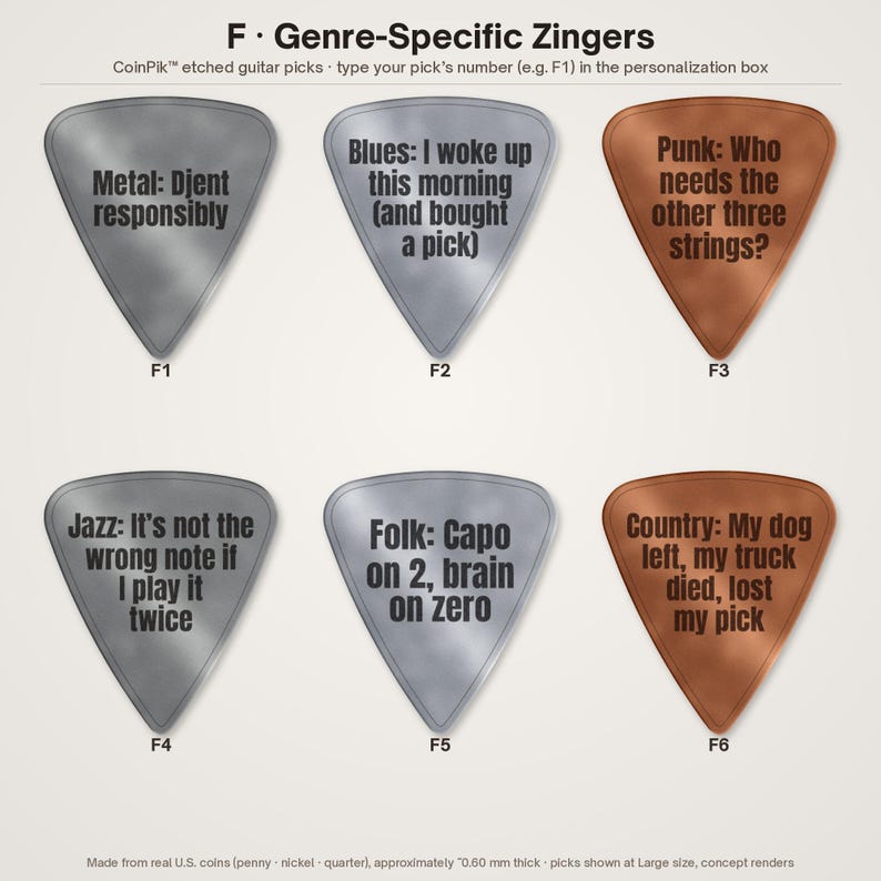 K&ouml;nnte beinhalten: Sechs Gitarrenplektren, beschriftet von F1 bis F6, gefertigt aus US-M&uuml;nzen. Die silberfarbenen Plektren tragen die Texte: Metal: Djent responsibly, Blues: I woke up this morning, Jazz: It's not the wrong note, Folk: Capo on 2. Die kupferfarbenen Plektren zeigen Punk- und Country-Texte.