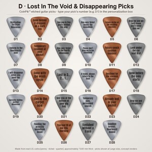 K&ouml;nnte beinhalten: Eine Sammlung von achtundzwanzig gravierten Gitarrenplektren, beschriftet von D1 bis D28, angeordnet in einem Raster. Jedes Plektrum tr&auml;gt einen einzigartigen Text &uuml;ber das Verlorengehen, mit silbernen und kupferfarbenen Oberfl&auml;chen. Die &Uuml;berschrift lautet D Lost In The Void & Disappearing Picks.