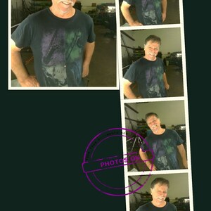 May include: A photo booth strip with five photos of a man wearing a black t-shirt with a colorful graphic print. The photos are arranged vertically in a row. The text "Photobooth mini" is written below the photos. The date "2/27/20" is written in the bottom right corner of the image.