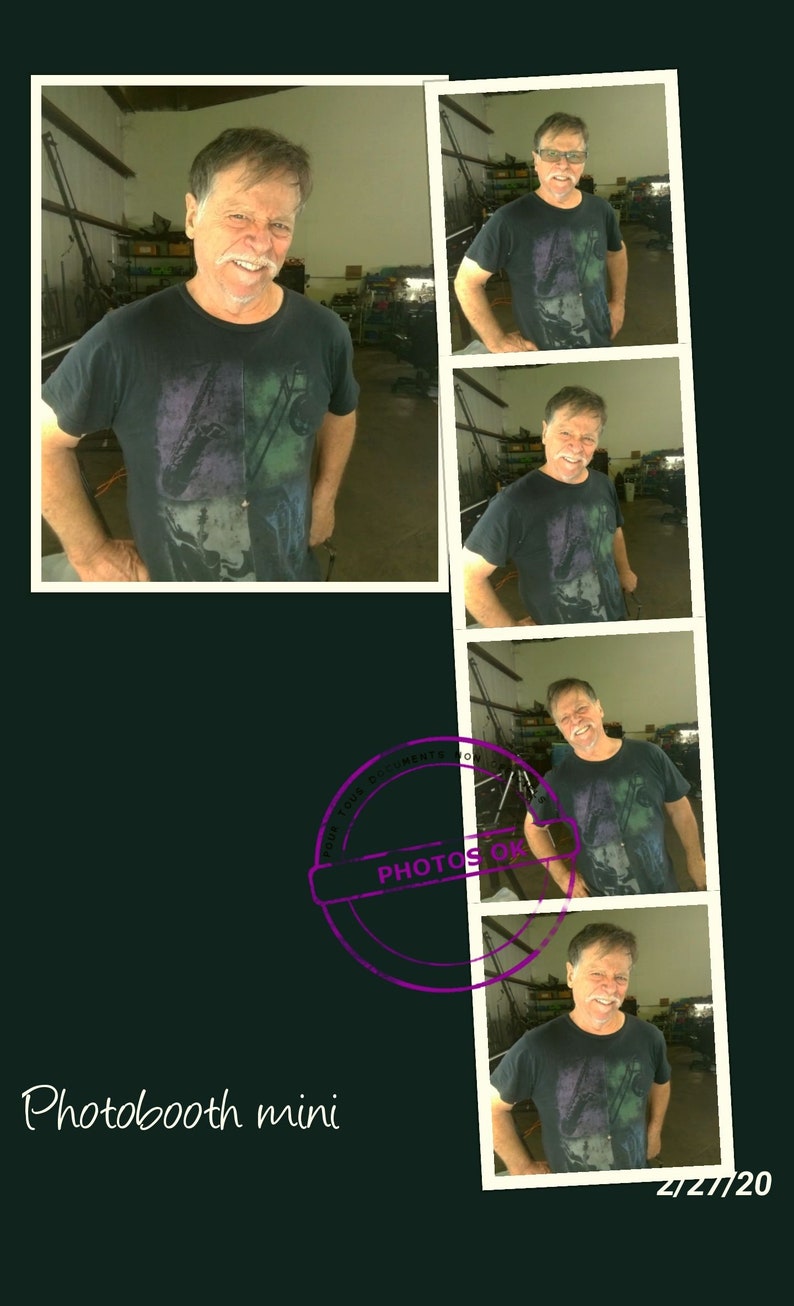 May include: A photo booth strip with five photos of a man wearing a black t-shirt with a colorful graphic print. The photos are arranged vertically in a row. The text "Photobooth mini" is written below the photos. The date "2/27/20" is written in the bottom right corner of the image.