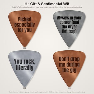 K&ouml;nnte beinhalten: Vier Metall-Gitarrenplektren, beschriftet von H1 bis H4. H1 ist kupferfarben mit 'Picked especially for you'. H2 ist silberfarben mit 'Always in your corner (and the dryer lint trap)'. H3 ist silberfarben mit 'You rock, literally'. H4 ist kupferfarben mit 'Don't drop me during the gig'.