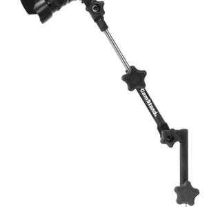May include: A black camera mount with adjustable arms and a star-shaped knob. The mount is attached to a silver rod and has the text "CamStand" printed on it.
