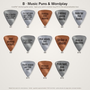 K&ouml;nnte beinhalten: Eine Sammlung von dreizehn Metall-Gitarrenplektren, beschriftet von B1 bis B13, mit verschiedenen musikbezogenen Wortspielen, die auf silberne und kupferfarbene Oberfl&auml;chen ge&auml;tzt sind. Jedes Plektrum zeigt einen einzigartigen Text wie Pick of destiny, Fretting over nothing und Strike a chord.
