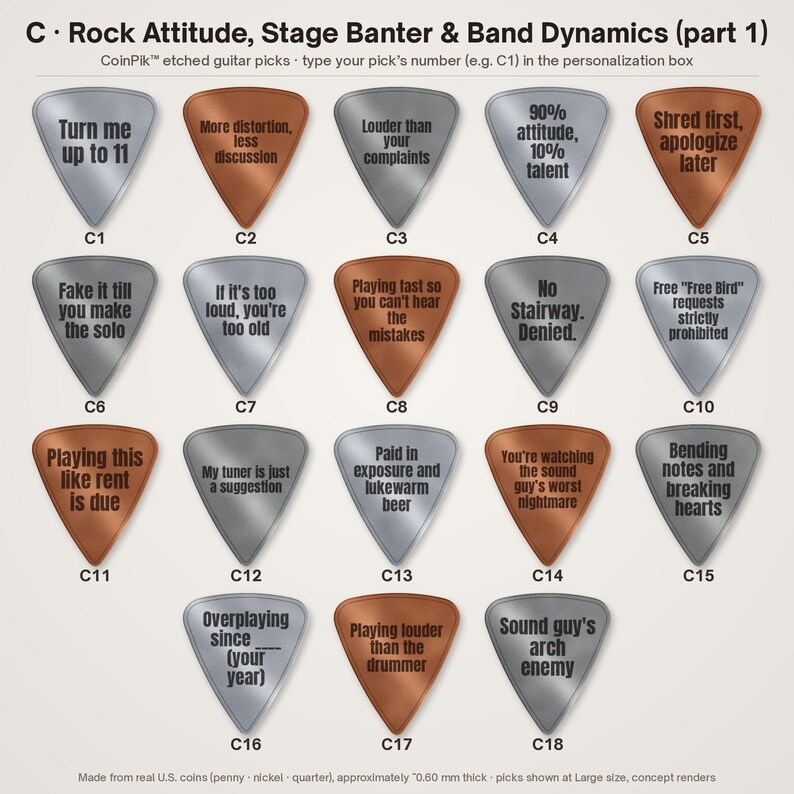 K&ouml;nnte beinhalten: Eine Sammlung von achtzehn Gitarrenplektren, beschriftet von C1 bis C18, mit eingravierten Texten &uuml;ber Rockmusik. Die Plektren sind silber- oder kupferfarben und in einem Raster angeordnet. Die &Uuml;berschrift lautet C - Rock Attitude, Stage Banter & Band Dynamics (part 1).