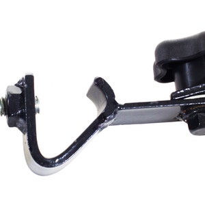 May include: Black metal clamp with two knobs for tightening. The clamp has a hook on one end and a flat surface on the other.