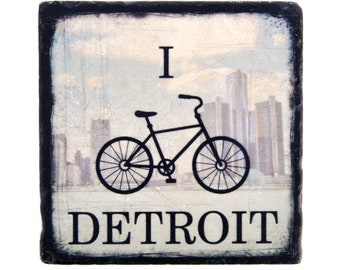 Detroit Coaster, Detroit Skyline Tile, Bike Coaster, Barware Decor, Housewarming Gift, New Home Gift, Man Cave Decor, Hostess Gift
