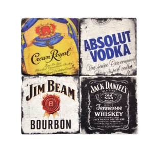 Crown Royal Coasters, Absolute Vodka, Jack Daniels, Jim Beam, Man Cave Decor, Host Gift, Gift For Dad, Boyfriend Gift, Birthday Gift image 1