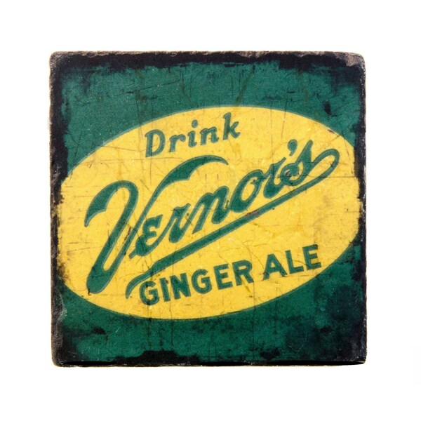 Vernors Ginger Ale Green Marble Coaster, Rustic Soda Pop Decorative Tile, Iconic Detroit Man Cave Gift, Tumbled Marble Housewarming Decor