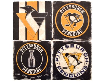 Pittsburgh Penguins, Hockey Coasters, Man Cave Decor, Host Gift, Birthday Gift, Groomsmen Gift, Wedding Gift, Gift For Him, Boyfriend Gift