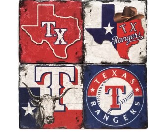 Texas Rangers Coasters, Texas Coasters, Tumbled Marble, Man Cave Decor, Home Decor, Groomsmen Gift, Wedding Gifts, Gift For Dad, Host Gift