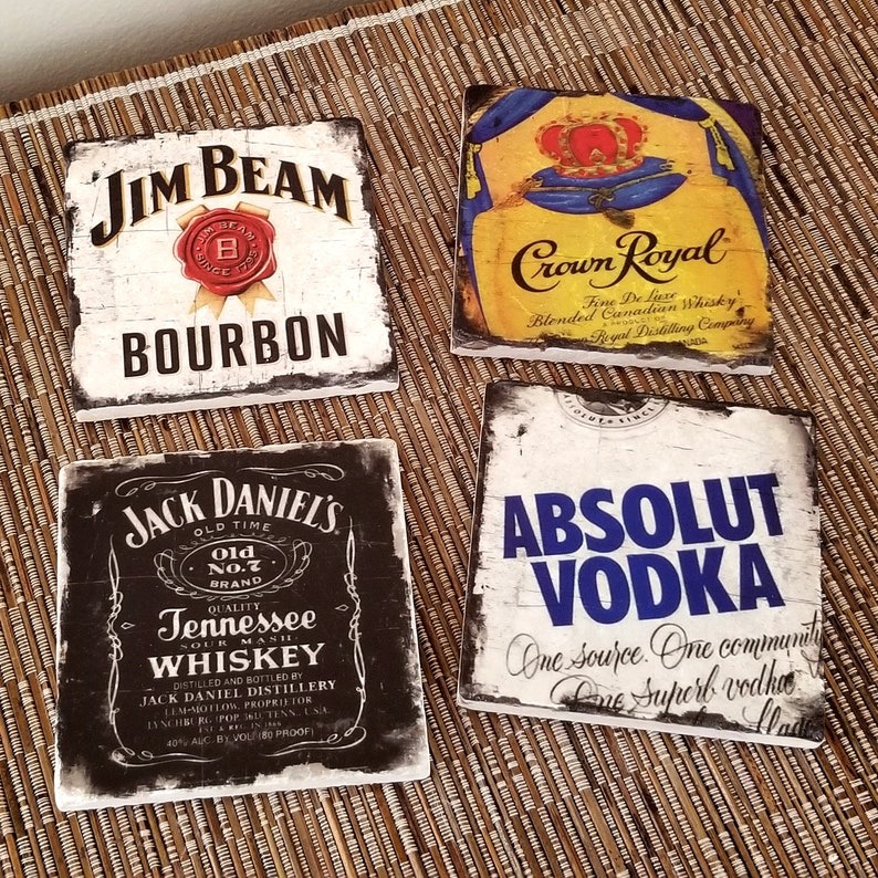 Crown Royal Coasters, Absolute Vodka, Jack Daniels, Jim Beam, Man Cave Decor, Host Gift, Gift For Dad, Boyfriend Gift, Birthday Gift image 2