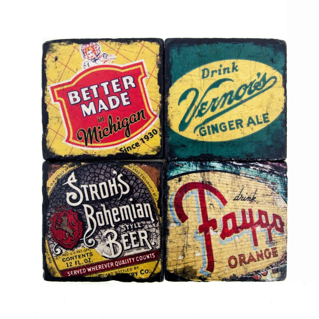 Detroit Coasters, Better Made Vernors Strohs Faygo, Man Cave Decor, New