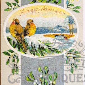 Carte postale vintage du Nouvel An, fichier numérique, carte postale, antique, graphique, vacances, design, hiver, joyeux, Nouvel An, fleur, réveillon du Nouvel An