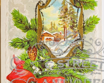 May include: Vintage Christmas postcard featuring a winter scene with a gold frame and a red bow. The postcard says "Christmas Greetings".