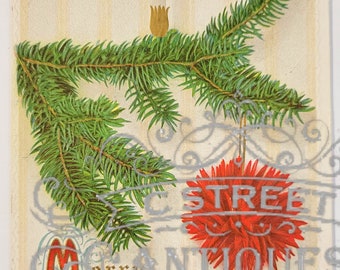 May include: Vintage Christmas postcard with a green pine branch, a red pom-pom ornament, and a white candle. The text reads "Merry Christmas to All".