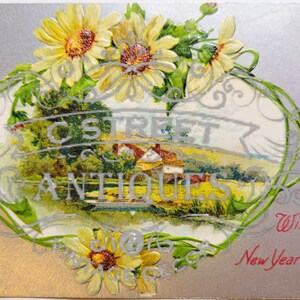 Nieuwjaar Vintage Postkaart, Digitaal bestand, ansichtkaart, antiek, grafisch, vakantie, ontwerp, winter, vrolijk, Nieuwjaar, bloem, Oudejaarsavond