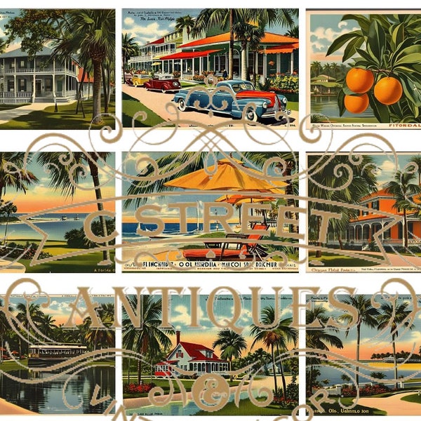 Digital Kit - Old Florida Ephemera - Instant Download - Vintage Florida Art Postcards - 30 Images - Cut and Craft - PDF - Full Pages