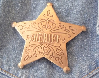 Silver with Embossed Sheriff Star Badge Pin Western Art Artistry For Leather Denim Coat Shirt Handbag Scarf Hat Boho Style Hippie