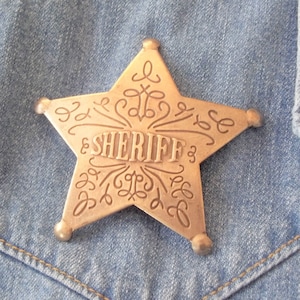 Silver with Embossed Sheriff Star Badge Pin Western Art Artistry For Leather Denim Coat Shirt Handbag Scarf Hat Boho Style Hippie