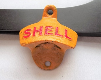 SHELL Oil Gas Gasoline BOTTLE OPENER! Wall Mount! Yellow Advertising Beer Soda Pop Opener Bar Barware! Free Shipping!