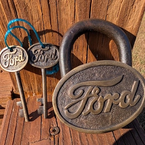 Large Heavy Brass FORD Lock Padlock & 2 Keys Both Marked Ford Works Great Advertising Lock