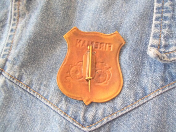 Old Fashion Fire Truck Fireman Shield Brass Badge… - image 3