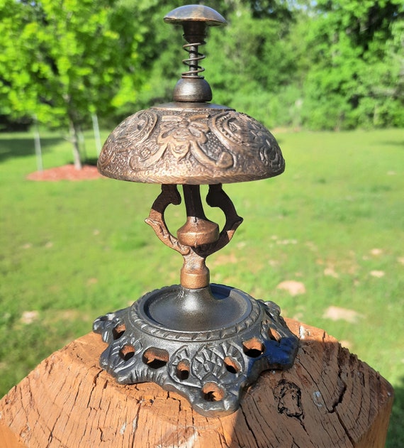 Heavy Brass Front Desk Bell on Cast Iron Stand Bee Motif Store Hotel Collectible Art