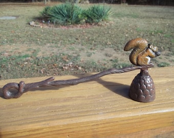 Cast Iron SQUIRREL Holding Nut Acorn On A BRANCH With PINECONE Candle Snuffer Extinguisher