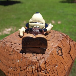May include: A quirky frog ornament with a cream head, dark blue details, and brown features. The frog sits on a weathered, brown wooden post. The background shows green grass and a sunny day.