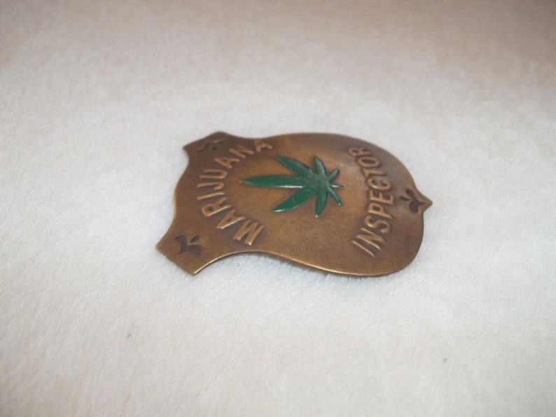 Brass Marijuana Inspector Badge Pin Western Art Artistry For Leather Denim Coat Shirt Scarf Hat Boho Style Hippie image 2