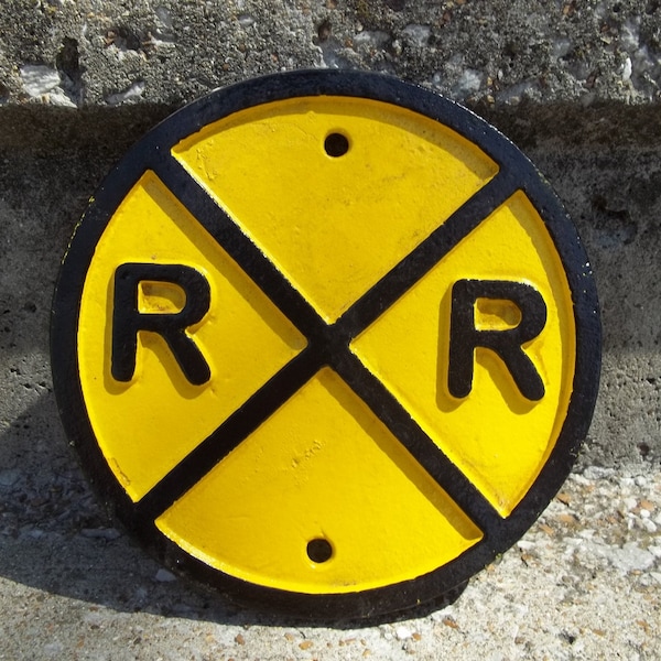 Cast Iron Round RAILROAD CROSSING Sign! Yellow & Black Sign 6 Inches In Diameter! Heavy Cast Iron Mounts Flush To Wall Or Door Home Decor
