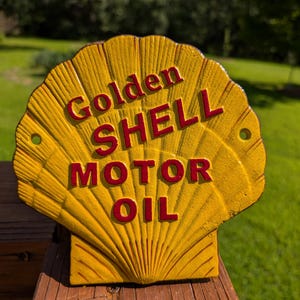 Cast Iron Golden SHELL Motor OIL Sign Plaque Clam Shaped Sign Gas Oil Collectible Wall Door Sign Raised Letters