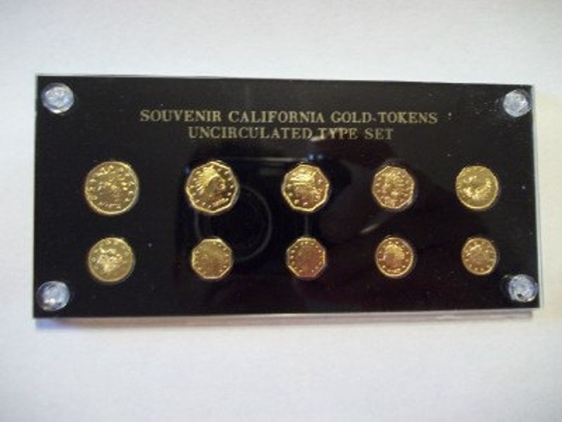 Souvenir California Gold Tokens Uncirculated Type Set! 10 Tokens In Case California Gold Rush Fractional Tokens Gift Shop Souvenir 