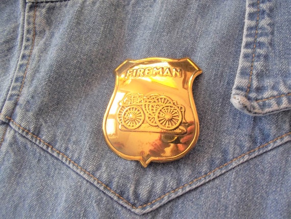 Old Fashion Fire Truck Fireman Shield Brass Badge… - image 1