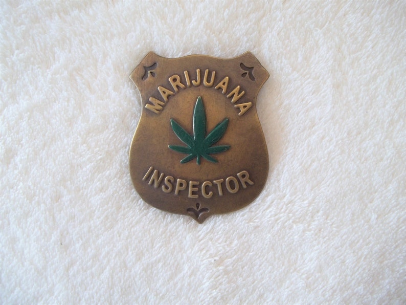 Brass Marijuana Inspector Badge Pin Western Art Artistry For Leather Denim Coat Shirt Scarf Hat Boho Style Hippie image 1