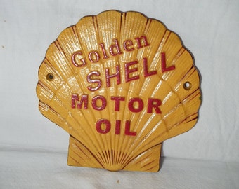 Cast Iron Golden SHELL Motor OIL Sign Plaque Clam Shaped Sign Gas Oil Collectible Wall Door Sign Raised Letters