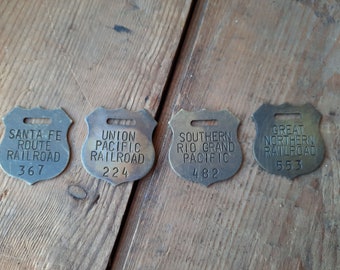 Set of 4 BRASS RAILROAD Tags or Fobs Santa Fe, Great Northern, Southern Rio Grand Pacific, & Union Pacific