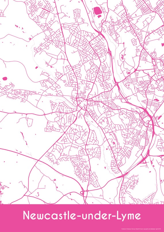 Items similar to NewcastleunderLyme Map Roads Town Map Art Print